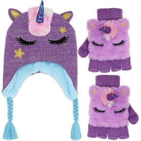 مجموعة قبعة شتوية وقفازات وقبعة شتوية لطيفة لامعة على شكل وحيد القرن للفتيات الصغيرات، مجموعة من القفازات المحبوكة بغطاء للأذن in Kuwait