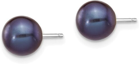 Black Round Freshwater Cultured Pearl Post Earrings in Real 14k White Gold in Saudi Arabia