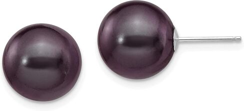 Black Round Freshwater Cultured Pearl Post Earrings in Real 14k White Gold in Saudi Arabia