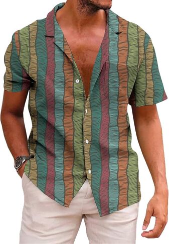 KYKU Hawaiian Shirt for Men Short Sleeve Button Down Summer Clothing Vacation Beach Shirts Stripe with Pockets in Saudi Arabia