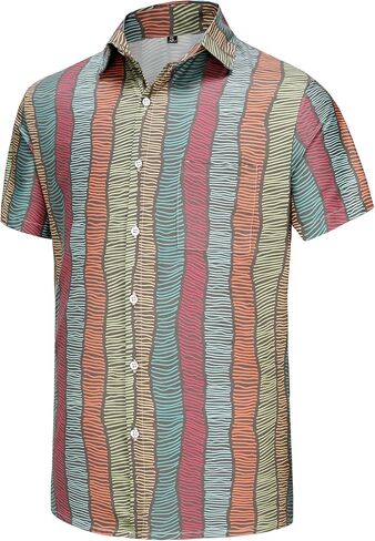KYKU Hawaiian Shirt for Men Short Sleeve Button Down Summer Clothing Vacation Beach Shirts Stripe with Pockets in Saudi Arabia