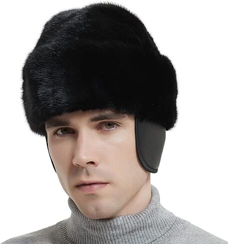 Bibury Real Mink Fur Cossack Hat with Leather Ear Flaps,Russian Winter Fur Hat in Saudi Arabia