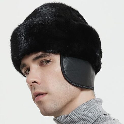 Bibury Real Mink Fur Cossack Hat with Leather Ear Flaps,Russian Winter Fur Hat in Saudi Arabia