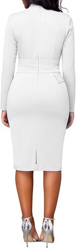 فستان الخريف الأبيض للنساء ريترو الكنيسة كم طويل الأعمال أنيق طول الركبة فستان غمد سبليت الظهر سستة لنادي الحفلات in Kuwait