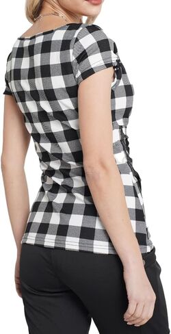 تي شيرت نسائي قصير الأكمام من DRESSFO برقبة على شكل قلب منقوشة مشد بلوزة كتلة الألوان قطع علوية تي شيرت بأربطة in Kuwait