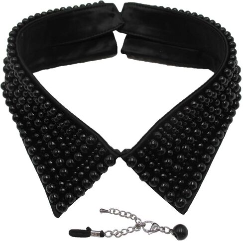 Trimscraft Statement Collar Necklace Black Choker Simulated Pearl Beaded Bib Detachable False Collar With Extension Chain Clothing Accessory for Women, Acrylic, No Gemstone in Kuwait