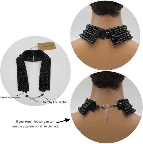 Trimscraft Statement Collar Necklace Black Choker Simulated Pearl Beaded Bib Detachable False Collar With Extension Chain Clothing Accessory for Women, Acrylic, No Gemstone in Kuwait