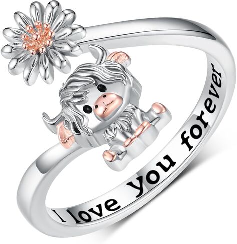 qielizhu Highland Cow Open Ring 925 Sterling Silver Adjustable Cute Cow Open Rings with Daisy Cow Jewelry Gift for Women Girl in Saudi Arabia
