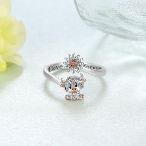 qielizhu Highland Cow Open Ring 925 Sterling Silver Adjustable Cute Cow Open Rings with Daisy Cow Jewelry Gift for Women Girl in Saudi Arabia