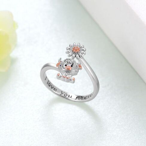 qielizhu Highland Cow Open Ring 925 Sterling Silver Adjustable Cute Cow Open Rings with Daisy Cow Jewelry Gift for Women Girl in Saudi Arabia