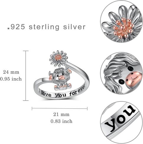 qielizhu Highland Cow Open Ring 925 Sterling Silver Adjustable Cute Cow Open Rings with Daisy Cow Jewelry Gift for Women Girl in Saudi Arabia