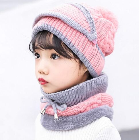 3 in 1 Winter Knitted Beanie Hat Mouth Neck Warmer Set for Girls Boys Kids, Warm Fleece Lined Ski Caps with Pompom in Kuwait