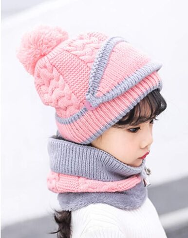 3 in 1 Winter Knitted Beanie Hat Mouth Neck Warmer Set for Girls Boys Kids, Warm Fleece Lined Ski Caps with Pompom in Kuwait