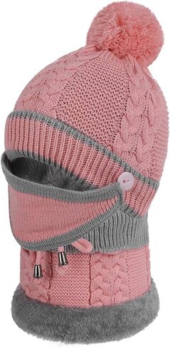 3 in 1 Winter Knitted Beanie Hat Mouth Neck Warmer Set for Girls Boys Kids, Warm Fleece Lined Ski Caps with Pompom in Kuwait