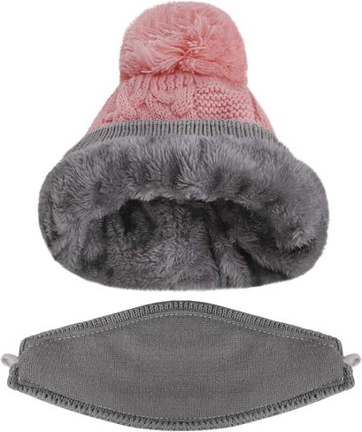 3 in 1 Winter Knitted Beanie Hat Mouth Neck Warmer Set for Girls Boys Kids, Warm Fleece Lined Ski Caps with Pompom in Kuwait
