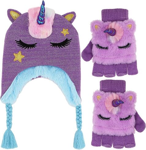 مجموعة قبعة شتوية وقفازات وقبعة شتوية لطيفة لامعة على شكل وحيد القرن للفتيات الصغيرات، مجموعة من القفازات المحبوكة بغطاء للأذن in Kuwait