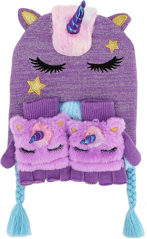 مجموعة قبعة شتوية وقفازات وقبعة شتوية لطيفة لامعة على شكل وحيد القرن للفتيات الصغيرات، مجموعة من القفازات المحبوكة بغطاء للأذن in Kuwait