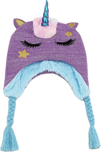 مجموعة قبعة شتوية وقفازات وقبعة شتوية لطيفة لامعة على شكل وحيد القرن للفتيات الصغيرات، مجموعة من القفازات المحبوكة بغطاء للأذن in Kuwait