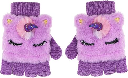 مجموعة قبعة شتوية وقفازات وقبعة شتوية لطيفة لامعة على شكل وحيد القرن للفتيات الصغيرات، مجموعة من القفازات المحبوكة بغطاء للأذن in Kuwait