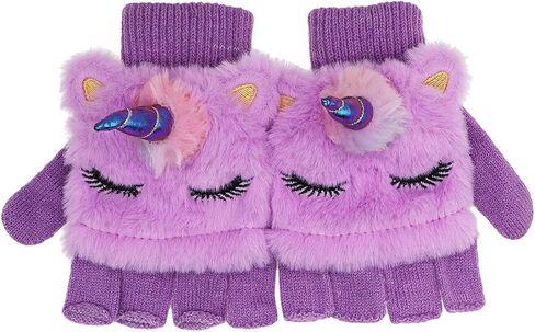 مجموعة قبعة شتوية وقفازات وقبعة شتوية لطيفة لامعة على شكل وحيد القرن للفتيات الصغيرات، مجموعة من القفازات المحبوكة بغطاء للأذن in Kuwait