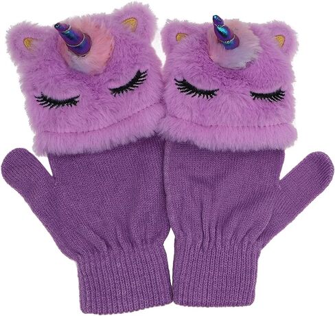 مجموعة قبعة شتوية وقفازات وقبعة شتوية لطيفة لامعة على شكل وحيد القرن للفتيات الصغيرات، مجموعة من القفازات المحبوكة بغطاء للأذن in Kuwait