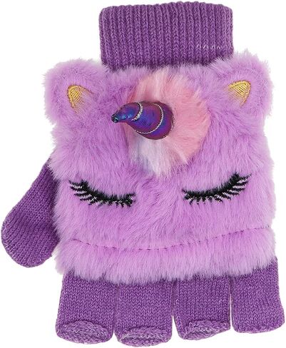 مجموعة قبعة شتوية وقفازات وقبعة شتوية لطيفة لامعة على شكل وحيد القرن للفتيات الصغيرات، مجموعة من القفازات المحبوكة بغطاء للأذن in Kuwait