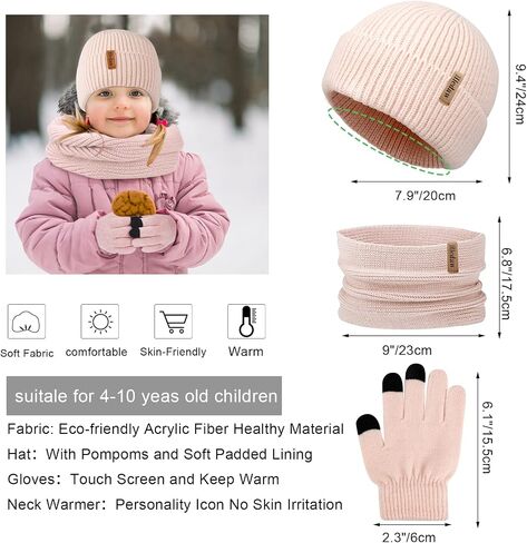 Hicdaw 3PCS Kids Winter Hat Glove Scarf Set Toddler Winter Hat Baby Beanie Hat Knited Warm Set for Boys Girls 4-10 Years in Saudi Arabia