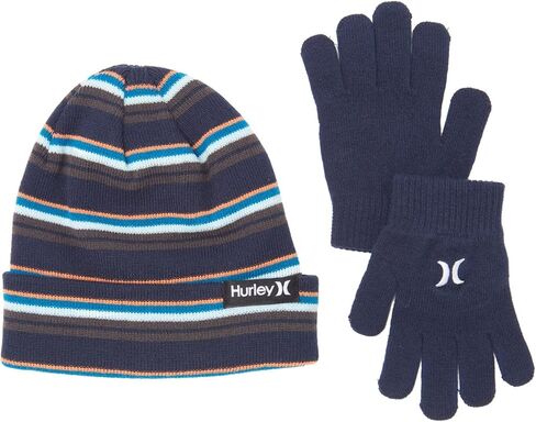 Hurley Boy's Striped Beanie and Gloves 2 Piece Set (Obsidian(9A7115-695)/Orange, 8-20) in Saudi Arabia