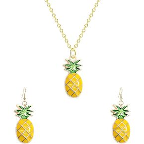 Tropical 2pcs Yellow Ruit Green Leaf Pineapple Earings Pendant Necklace Suit for Women Fashion Dangle Earings Jewellery in Kuwait