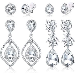 Jstyle 4 Pairs Silver Clip on Earrings for Women Elegant Rhinestone Clip on Earrings Dangle Drop for Brides Bridesmaids Non Pierced Earrings Set