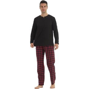 YUSHOW Mens Pajama Set Long Sleeve Henley Neck Button Top Plaid Pants Soft Warm Loungewear Sleepwear Set