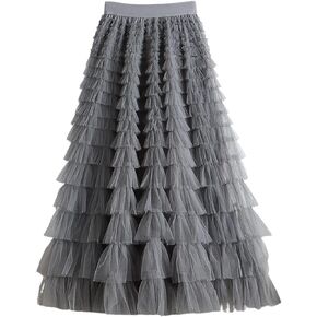 Leyoutx Womens Fairy A-line High Elastic Waist Layered Mesh Tulle Midi Skirt