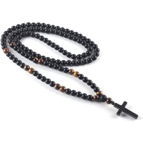 LG Gifts Ltd. قلادة متقاطعة من خرزة عين النمر الأسود والهيماتيت للرجال والنساء المسيحيين | هدية دينية مسيحية | مسبحة حبة الصليب قلادة in Kuwait