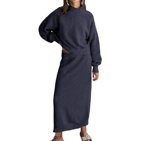 FACDIBY المرأة 2 قطعة سترة تنورة مجموعة عادية كم طويل رقبة السلحفاة سترة تنورة قلم رصاص وتتسابق صالة مجموعات in Kuwait