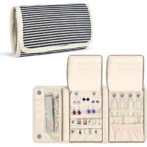 بكرة مجوهرات تيموي، منظم سفر المجوهرات للقلائد والأقراط والأساور والخواتم والدبابيس والمزيد، صغيرة الحجم وسهلة الحمل، مخططة in Kuwait