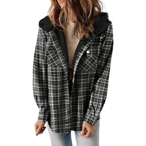 GUNEST Womens Plaid Fleece Jacket Long Sleeve Button Down Hooded Jackets Warm Coat for Winter Fall