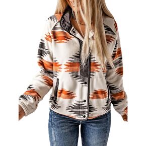 Bnigung Women's Fleece Jacket Vintage Aztec Print Snap Button Down Casual Long Sleeve Shacket Coats Shirt with Pockets