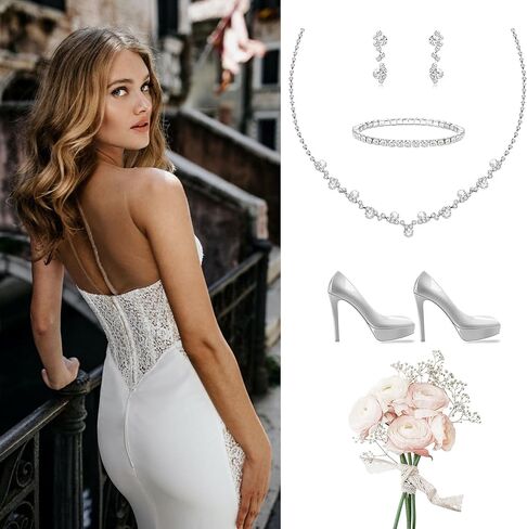 LOYALLOOK Crystal Silver Necklace and Earrings with Crystal Bracelet for Women Teardrop Dangle Earrings Rhinestone Necklace Bracelet for Bride Bridesmaid Crystal Bridal Wedding Party Jewelry Sets in Saudi Arabia