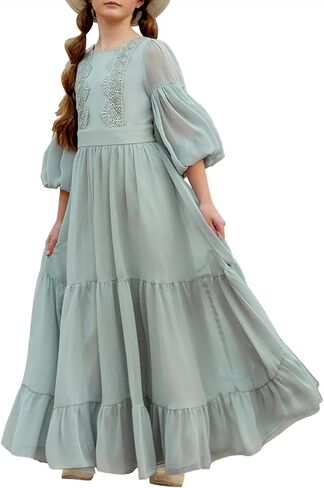Girls Boho Dresses 3/4 Sleeve V-Back Lace Flower Crew Neck Tiered Ruffle Swing Party Maxi Dress in Kuwait