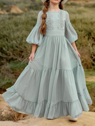 Girls Boho Dresses 3/4 Sleeve V-Back Lace Flower Crew Neck Tiered Ruffle Swing Party Maxi Dress in Kuwait