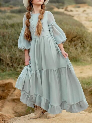 Girls Boho Dresses 3/4 Sleeve V-Back Lace Flower Crew Neck Tiered Ruffle Swing Party Maxi Dress in Kuwait