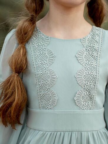 Girls Boho Dresses 3/4 Sleeve V-Back Lace Flower Crew Neck Tiered Ruffle Swing Party Maxi Dress in Kuwait