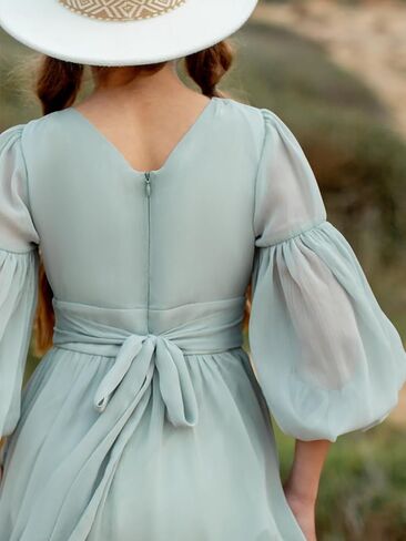 Girls Boho Dresses 3/4 Sleeve V-Back Lace Flower Crew Neck Tiered Ruffle Swing Party Maxi Dress in Kuwait