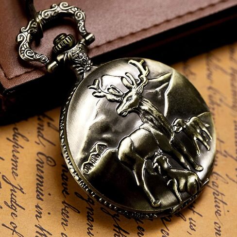 مورفونج ساعة جيب كوارتز للجنسين بنمط غزال من البرونز العتيق مع تشاني وصندوق, دير in Kuwait