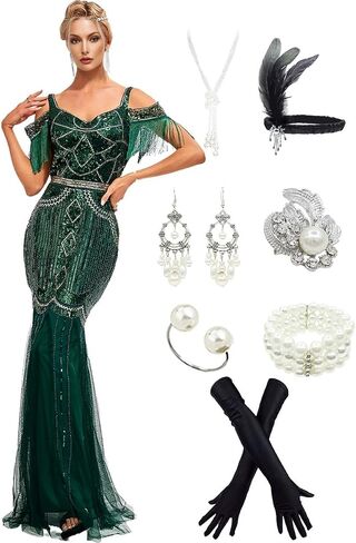 1920s Sling Offer Shoulder Tassel Flapper Fringe Long Mesh Mermaid Hem Dress Gatsby w/Accessories Set in Saudi Arabia