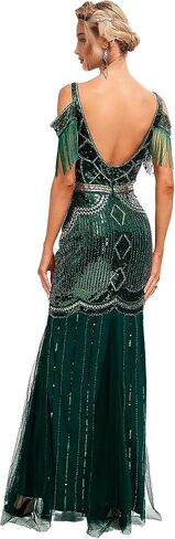 1920s Sling Offer Shoulder Tassel Flapper Fringe Long Mesh Mermaid Hem Dress Gatsby w/Accessories Set in Saudi Arabia