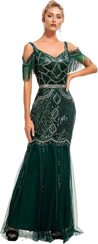 1920s Sling Offer Shoulder Tassel Flapper Fringe Long Mesh Mermaid Hem Dress Gatsby w/Accessories Set in Saudi Arabia