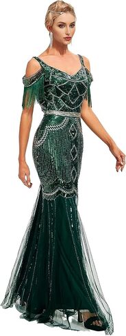 1920s Sling Offer Shoulder Tassel Flapper Fringe Long Mesh Mermaid Hem Dress Gatsby w/Accessories Set in Saudi Arabia