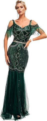 1920s Sling Offer Shoulder Tassel Flapper Fringe Long Mesh Mermaid Hem Dress Gatsby w/Accessories Set in Saudi Arabia