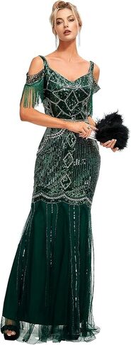 1920s Sling Offer Shoulder Tassel Flapper Fringe Long Mesh Mermaid Hem Dress Gatsby w/Accessories Set in Saudi Arabia